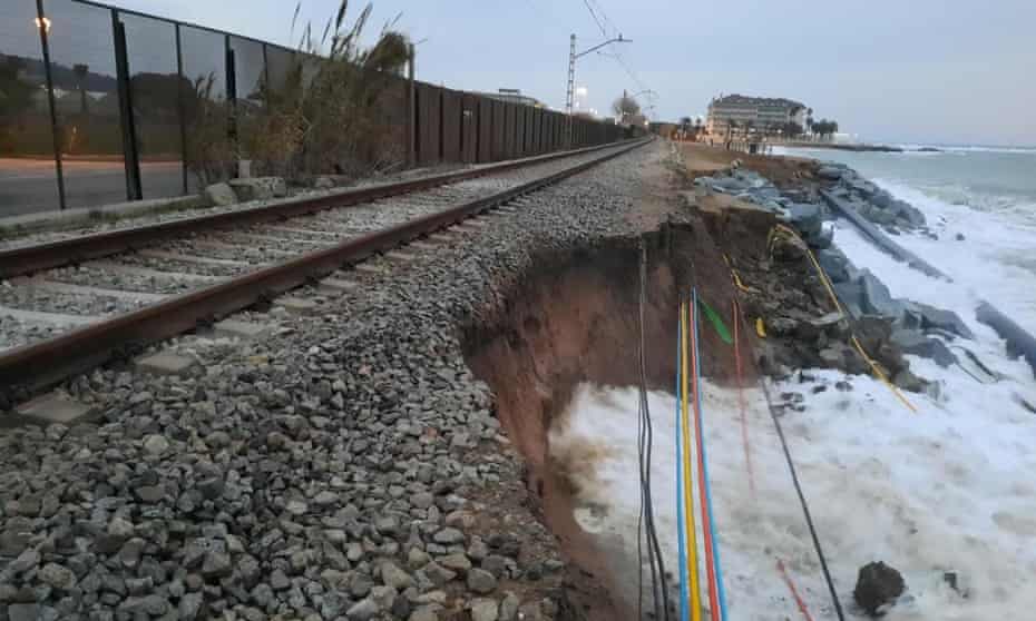 Coastal erosion exposes wires on the Maresme Train line, Barcelona, Spain