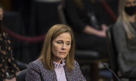 Supreme court nominee Amy Coney Barrett speaks during a confirmation hearing on 14 October on Capitol Hill in Washington. 
