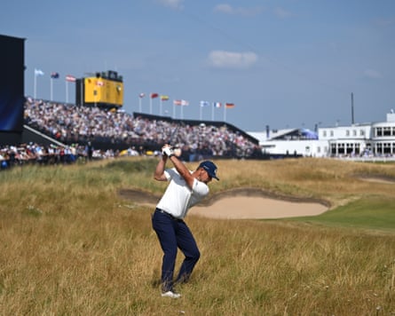 Bryson DeChambeau of the United States plays his second shot