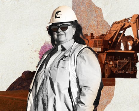 Composite of Gina Rinehart with truck behind