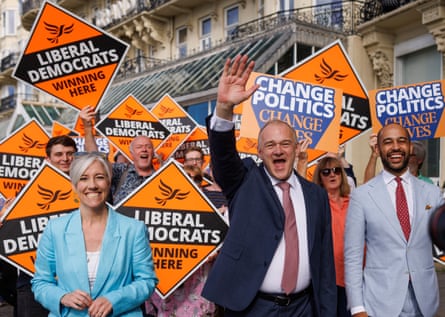 Ed Davey with the Lib Dems' deputy leader, Daisy Cooper, and party president, Josh Babarinde