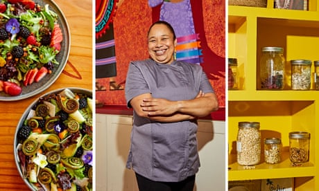 A triptych of photos shows scenes from Wahpepah's Kitchen. In the first, are two dishes, one a plate of greens adorned with berries, the other a salad with roasted fiddleheads. In the middle panel is Crystal Wahpepah smiling in a gray chef's coat standing in front of a mural. On the right are bright yellow shelves holding jars of seeds and grains.