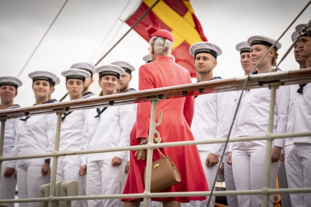 Margrethe greets staff on the Royal Yacht Dannebrog in Copenhagen.