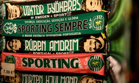 Scarves for sale, including one with Rúben Amorim’s name and picture, outside of Estádio José Alvalade