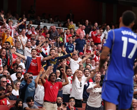 Arsenal fans taunt Morgan Rogers of Chelsea as he leaves the pitch after being substituted.