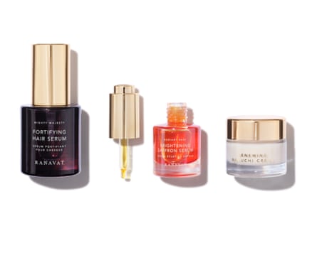 Ranavat Royal Trio bestsellers set. A dark bottle with a gold lip an orange bottle and a small white jar.
