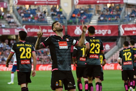 Espanyol’s Brazilian striker Leo Baptistao celebrates his goal against Granada