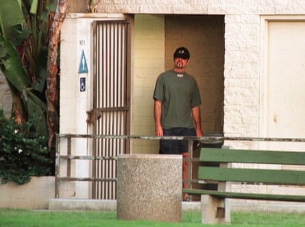 Singer George Michael is seen coming out of a public toilet at Will Rogers Memorial Park in Beverly Hills on August 25, 1997 in Los Angeles, California