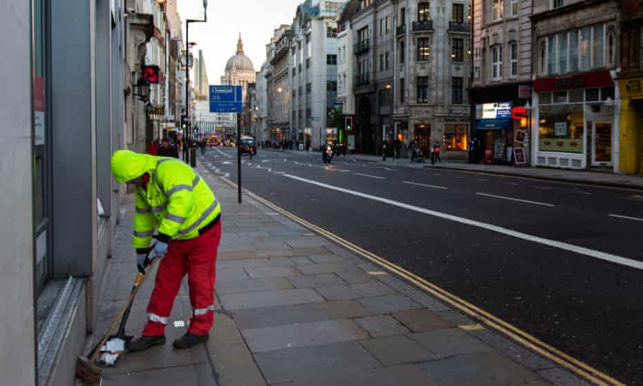 A street cleaner in Fleet Street, London. The report says: ‘The increase in the number of people in poverty in London has been almost entirely among those in working families.’