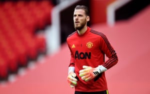 Goalkeeper David de Gea warms up before his 400th appearance for Manchester United.