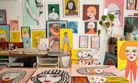 McDaid’s Ramsgate studio, filled with dozens of her brightly painted canvases, mainly of women’s faces.