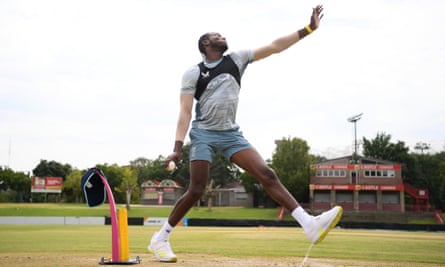 Jofra Archer of England bowls during a net session at Mangaung Oval