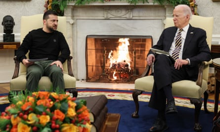 Ukraine’s President Volodymyr Zelenskiy and the US president, Joe Biden, in the Oval Office at the White House in Washington DC