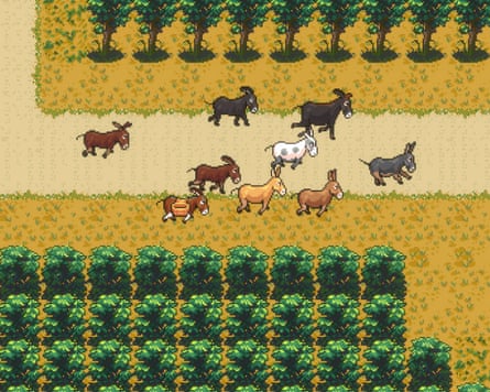 A video game scene of donkeys running through a field