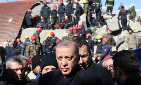 Recep Tayyip Erdoğan inspects the earthquake devastation in the south-east city of Kahramanmaraş, Turkey.