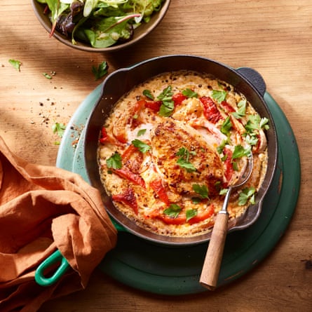 Chicken with red pepper and smoky parmesan cream.