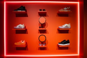 General view of displayed coloured Louis Vuitton X Virgil Abloh sneakers, during the opening of the ephemeral pop-up store in Paris