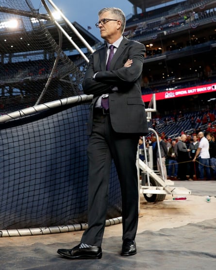 The president of operations and general manager of the Houston Astros Jeff Luhnow watches batting practice prior to game four of the 2019 World Series against the Washington Nationals
