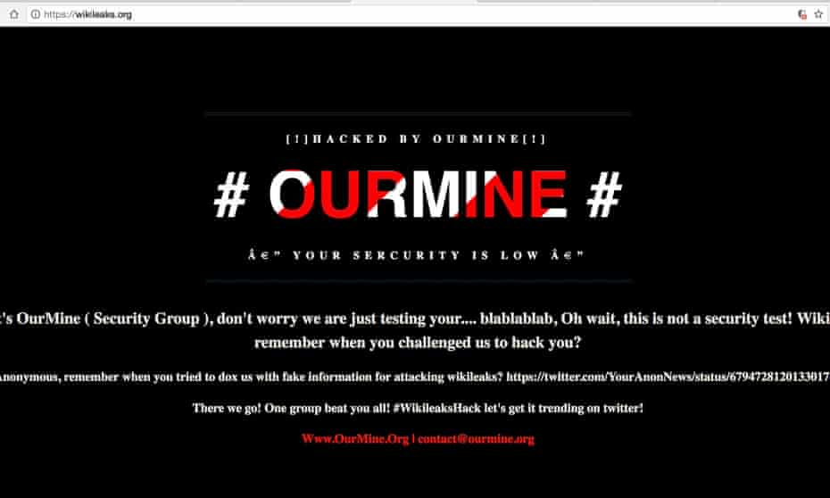 The message posted by OurMine to Wikileaks’ website URL.