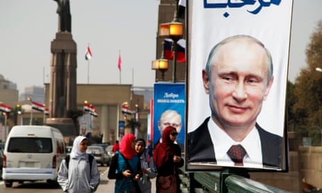 Street lined with banners depicting Vladimir Putin