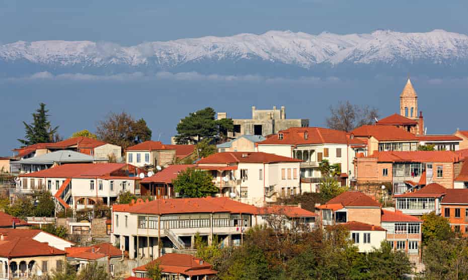 Mountain high: Sighnaghi, a small town in the Kakheti region in Georgia with the Caucasus Mountains in the background. This area is often referred to as the ‘birthplace of wine’.