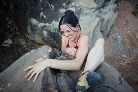 Emily Brough bouldering (a form of rock climbing) outside of Virgin, Utah