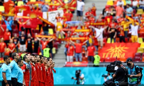 The North Macedonia players during the national anthems.