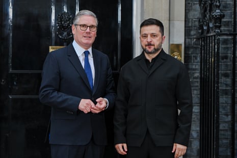 Keir Starmer greets Volodymyr Zelenskyy outside 10 Downing Street ahead of talks on ongoing support for Ukraine on 7 June 2026.