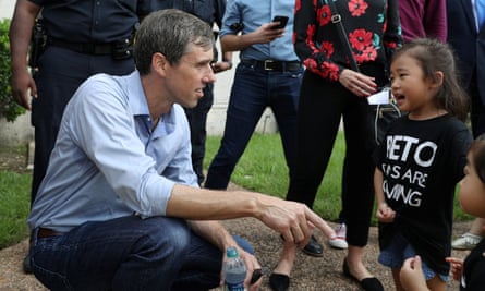 Beto O’Rourke greets a young supporter at a campaign rally in Houston.