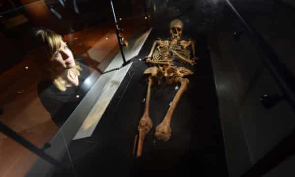 The skeleton of a Viking woman on display at the JORVIK Viking Center