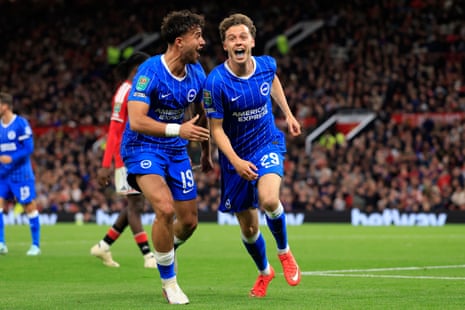 Maxim De Cuyper celebrates with fellow goalscorer Charalampos Kostoulas after scoring Brighton’s third.