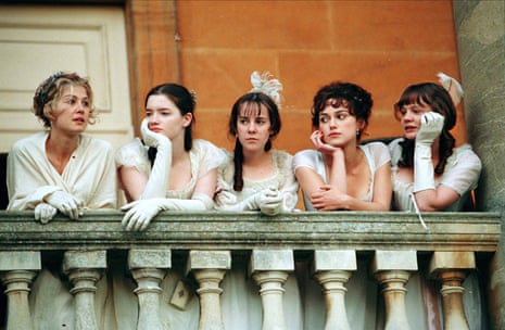 Characters from Jane Austen's Pride and Prejudice look over a balcony