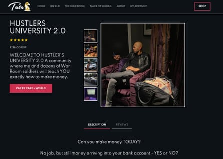 Tate’s first app, Hustlers University, which promises to teach men how to get rich if they sign up for courses.