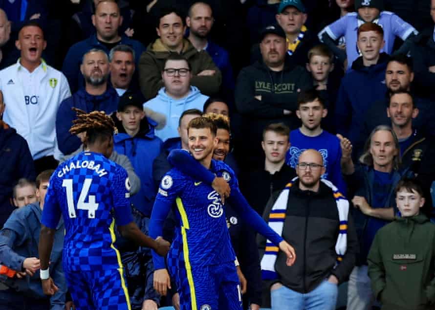 Chelsea’s Mason Mount celebrates scoring their first goal with Trevoh Chalobah and Reece James.