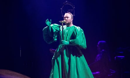 Sam Smith at the O2 Arena, wearing a headpiece bearing the name of murdered teenager Brianna Ghey.