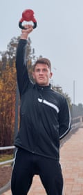 one young man, kettle bell swing exercise