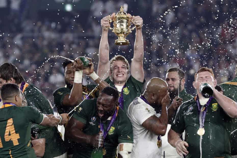 Pieter-Steph du Toit holds the Webb Ellis Cup after South Africa rampaged past England in the World Cup final.