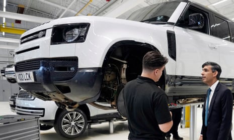 A photo of UK Prime Minister Rishi Sunak visiting JLR (formerly Jaguar Land Rover) on 19 July in Warwick, central England, for an announcement on an electric car battery factory to be built by its Indian owner Tata Group.