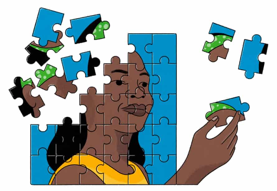 Woman completing a jigsaw of herself