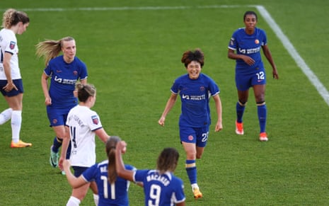 Chelsea’s Maika Hamano smiles as she celebrates after putting the visitors ahead against Tottenham Hotspur.
