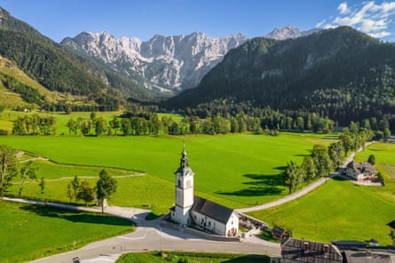 Church, green meadows and mountains, Slovenia