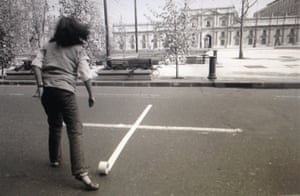 Lotty Rosenfeld: Una milla de cruces sobre el pavimento (White House), 1985A mile of crosses on the pavement. A 1985 art action at the presidential Palace La Moneda, Santiago. One of the most significant Chilean artists of her generation, Lotty Rosenfeld is best known as a founding member of Cada (Colectivo Acciones de Arte) and for an incisive solo practice that interrogated power and the occupation of public space during the dictatorship of General Augusto Pinochet