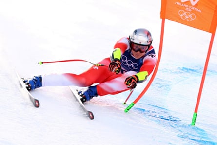 Marco Odermatt of Switzerland passes a gate in the Super G.