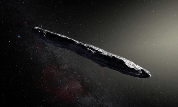 An artist’s impression of Oumuamua, which is covered in a deep crust which gives the interstellar object a dark red colour, say researchers.