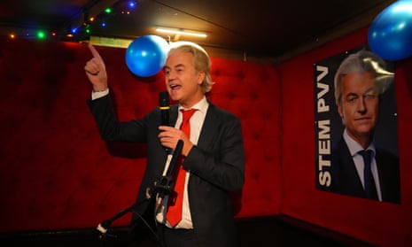 Geert Wilders, Dutch right-wing politician and leader of the Party for Freedom (PVV), reacts to the exit poll and early results that strongly indicate a victory for his party in the Dutch elections on November 22, 2023 in Scheveningen, Netherlands.