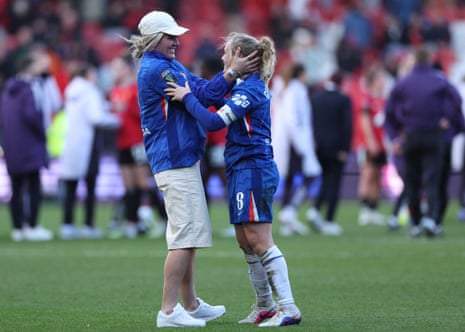 Chelsea’s Millie Bright (L) runs on to celebrate with Erin Cuthbert (R).