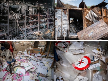 A composite of four images showing the burnt out cold chain supply room, a refrigerated container formerly used as a store room, and signs, paperworks and other items scattered by looters.