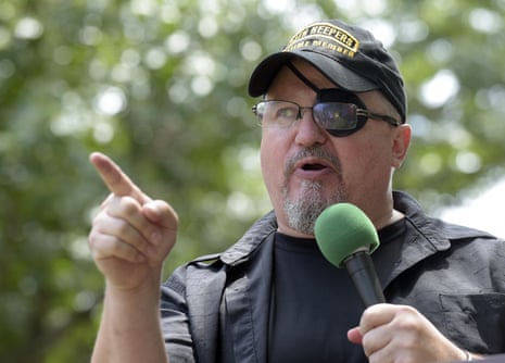 Stewart Rhodes, founder of the Oath Keepers, speaks during a rally in Washington DC.