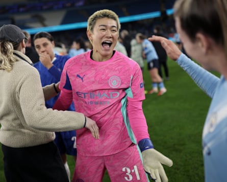 Manchester City celebrate beating Chelsea in the WSL
