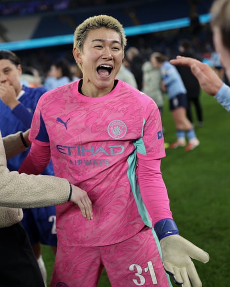 Manchester City celebrate beating Chelsea in the WSL